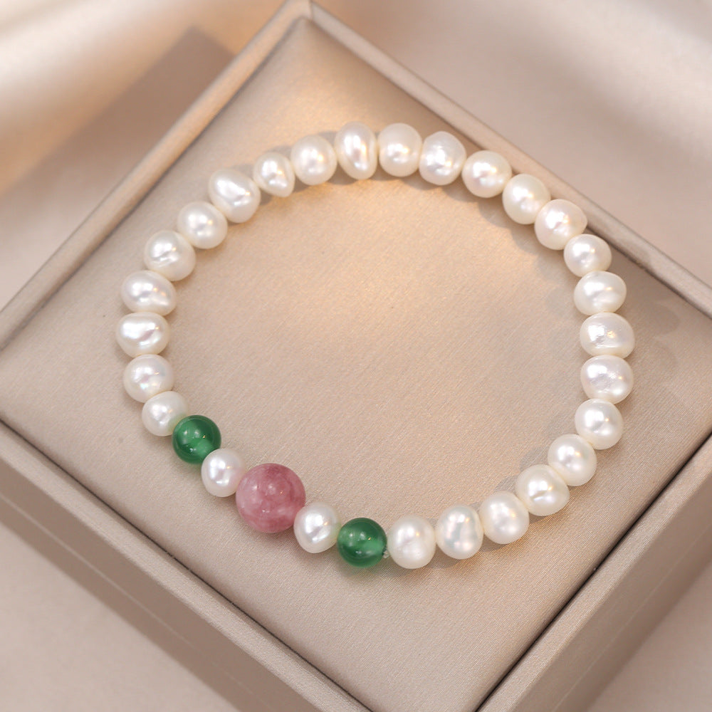 Women's pearl bracelet, unique design, natural strawberry quartz, freshwater pearl bracelet, lightweight and luxurious bracelet, simple crystal bracelet