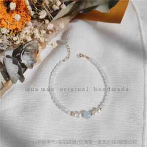 Blue moonstone and pearl bracelet, delicate aquamarine crystal