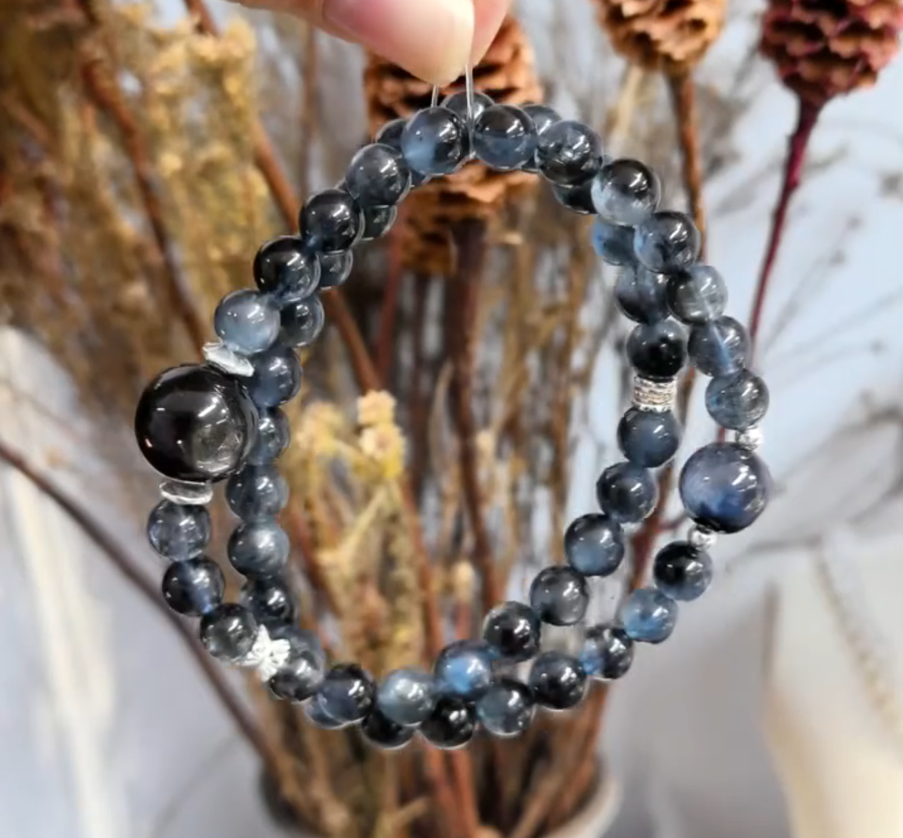 Natural Aquamarine & Silver Obsidian Double Loop Bracelet - Image 2
