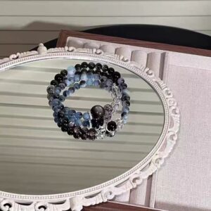 Natural Aquamarine & Silver Obsidian Double Loop Bracelet
