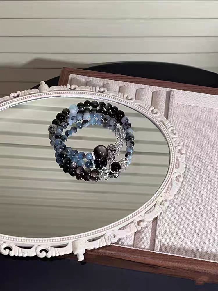 Natural Aquamarine & Silver Obsidian Double Loop Bracelet