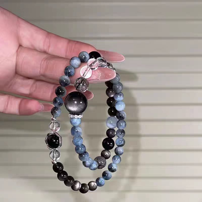 Natural Aquamarine & Silver Obsidian Double Loop Bracelet - Image 3