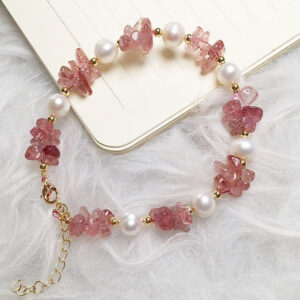 Pigeon blood red strawberry quartz and freshwater pearl bracelet